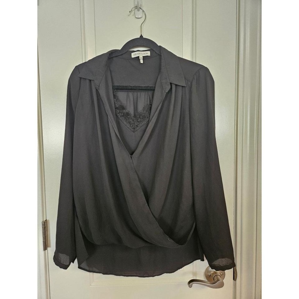 Black Heartloom Sheer Long Sleeve with Built-in Lace Tank Top, XS